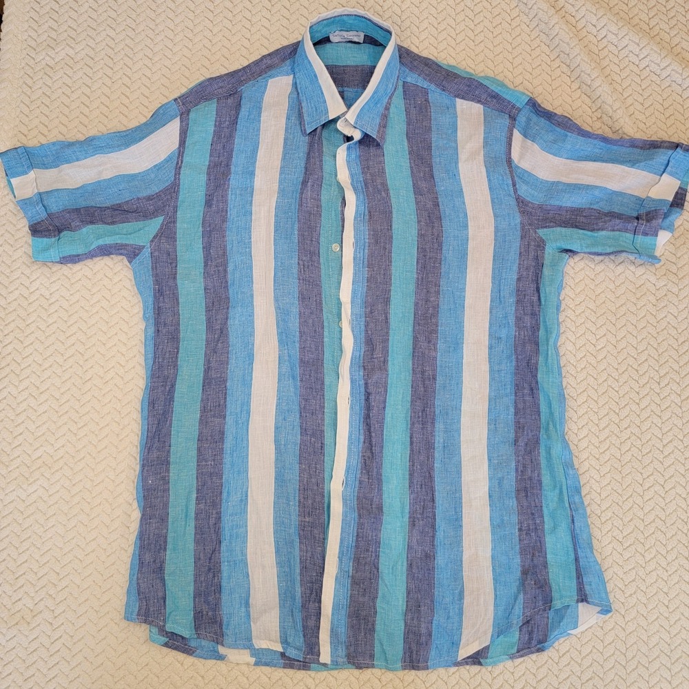 Sartoria Saracena Made in Italy Linen Striped Shirt Multi Blues Size XL